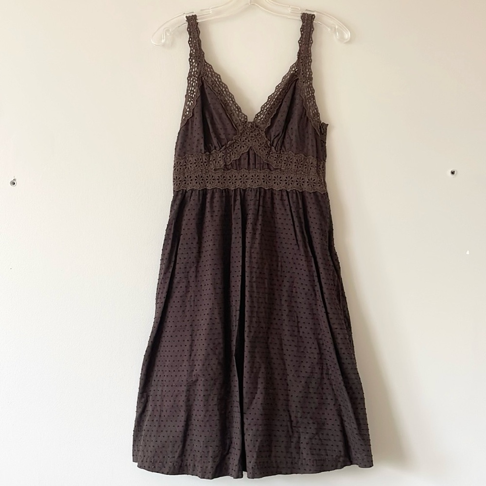 espresso brown dot textured dress with lace details